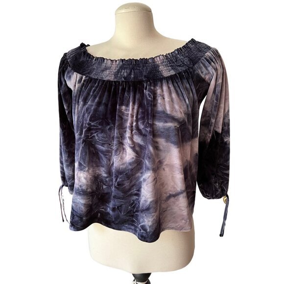 American Eagle Outfitters Velour Peasant Blouse Sz Small Blue Velvet Tie Dye - Picture 8 of 9